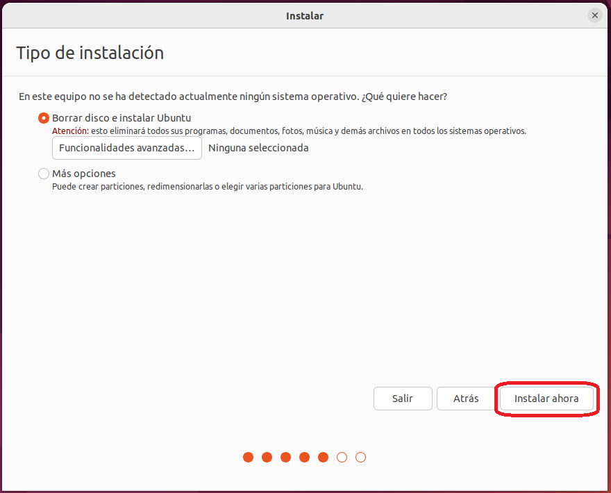 Select the "Erase disk and Install Ubuntu" option