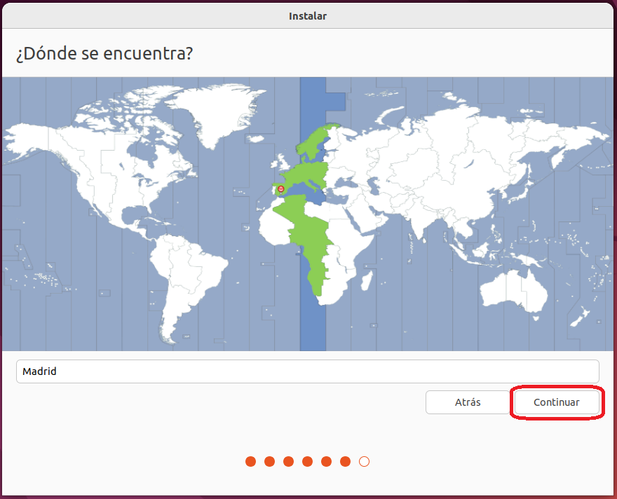 Choose your time zone on the map and click Continuar.